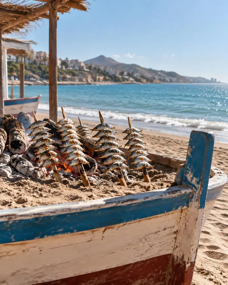 Espetos de sardinas en una barca sobre la playa de Pedregalejo (imagen generada con IA)