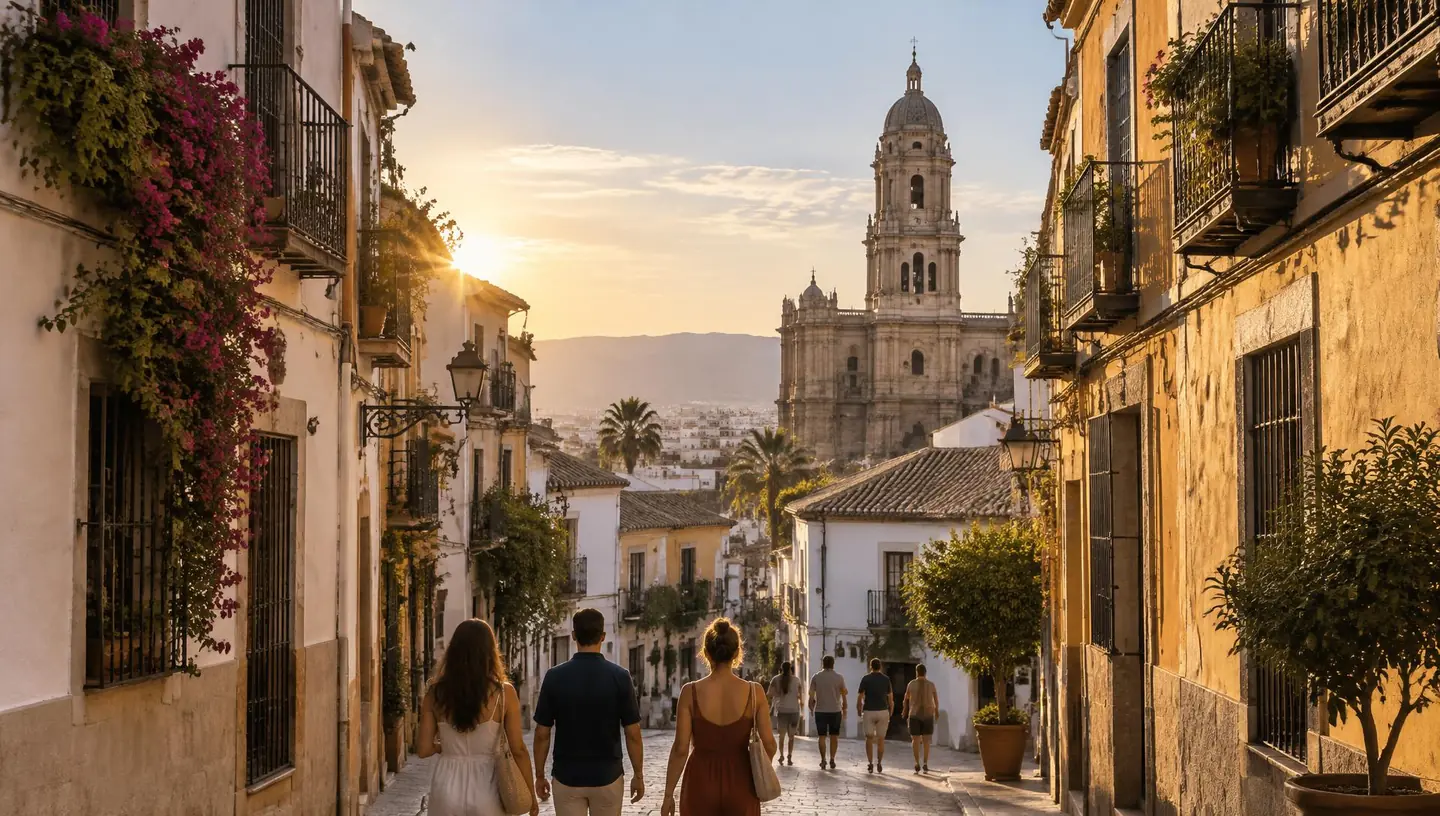 Calle del centro histórico de Málaga al atardecer con la torre de la Catedral al fondo (imagen generada con IA)