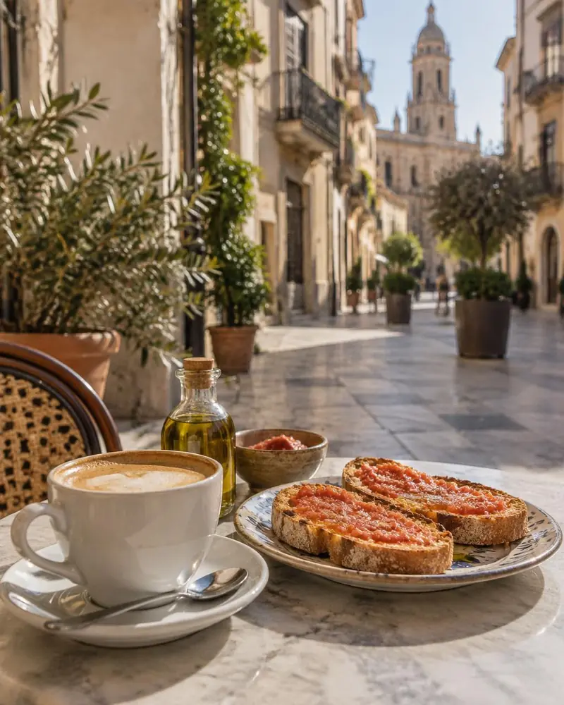 Café y tostada con tomate en una terraza del centro de Málaga (imagen generada con IA)