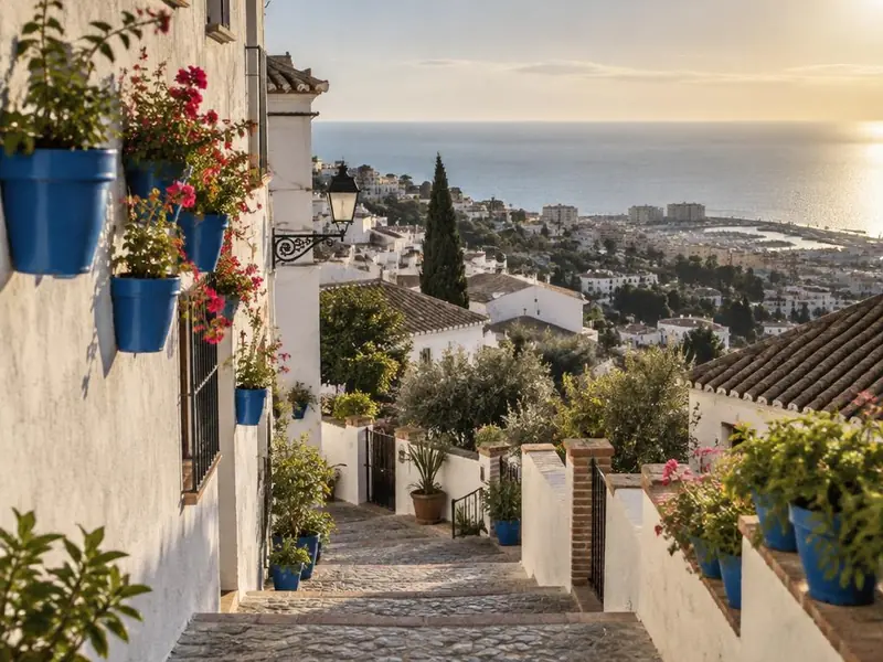 Calle blanca de Benalmádena Pueblo con vistas al mar (imagen generada con IA)