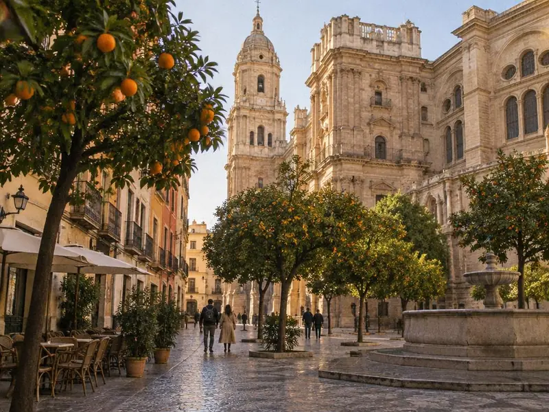 Plaza con naranjos frente a la Catedral de Málaga (imagen generada con IA)
