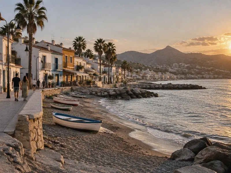 Paseo marítimo de Pedregalejo con barcas al atardecer (imagen generada con IA)