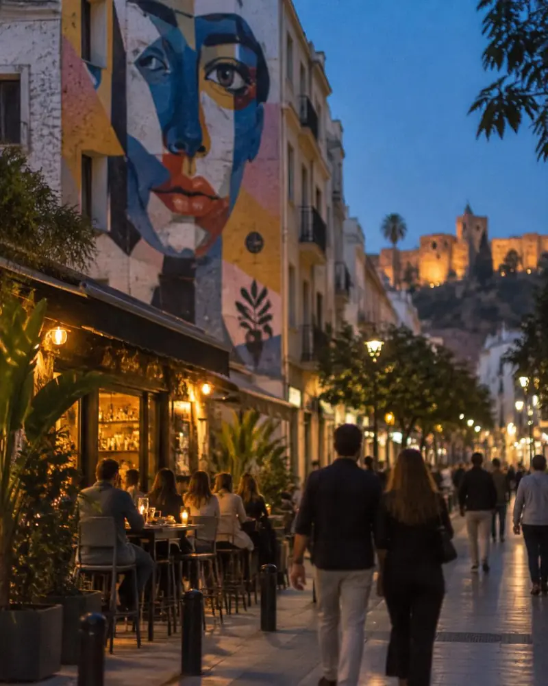 Calle del Soho de Málaga por la noche con un mural y terrazas (imagen generada con IA)