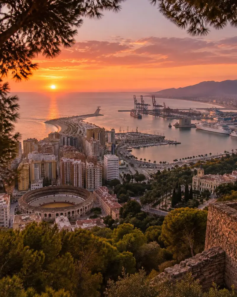 Atardecer sobre el puerto y la Malagueta desde Gibralfaro (imagen generada con IA)