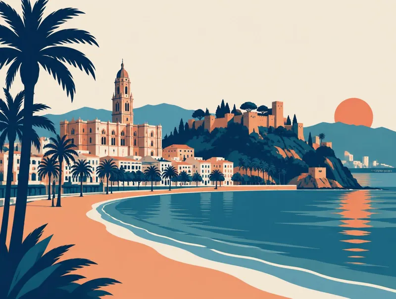 Ilustración plana de Málaga con la Catedral, la Alcazaba y el mar (imagen generada con IA)