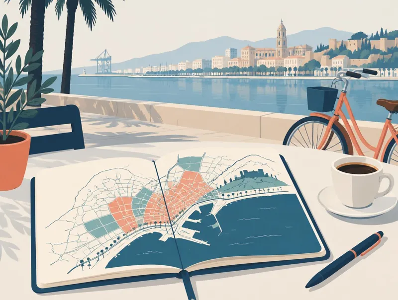 Ilustración plana de Málaga con la Catedral y el mar