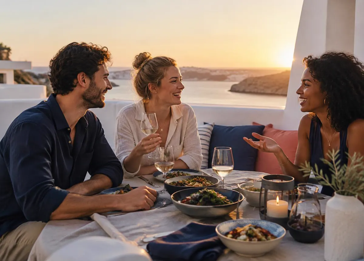 Travellers sharing dinner
